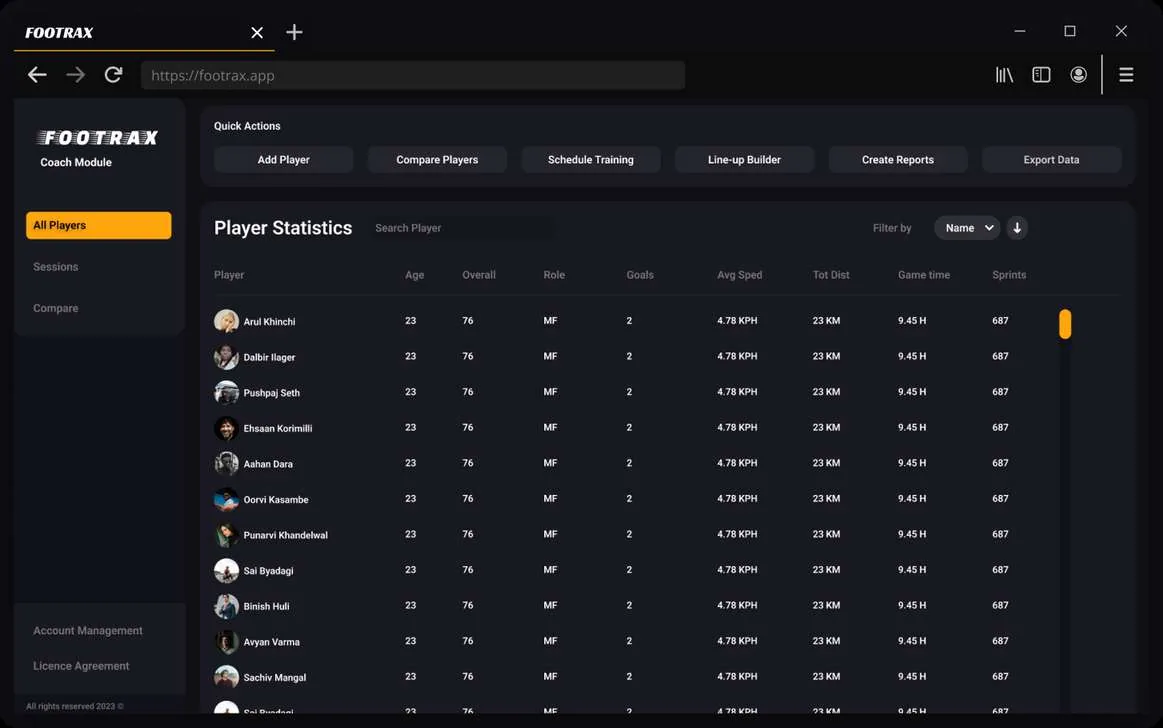 Footrax coach module: player statistics table