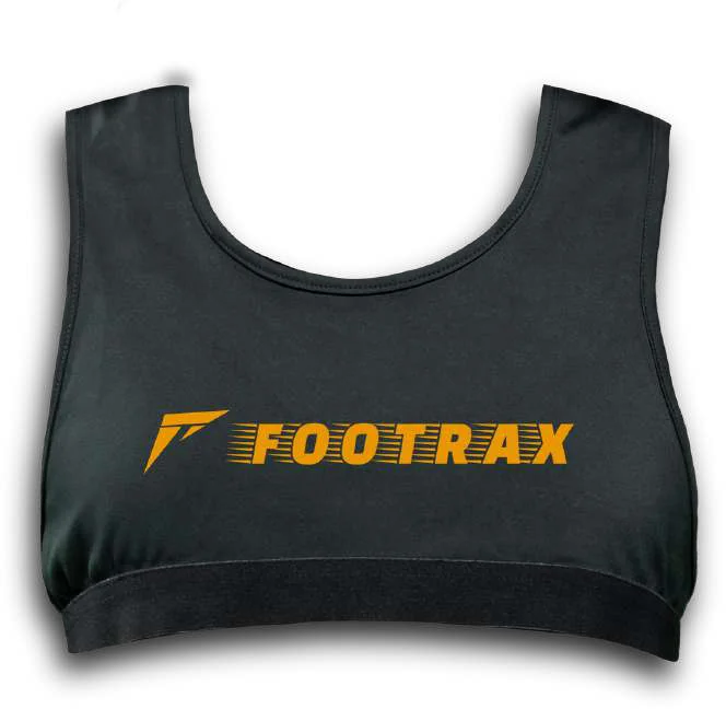 The black Footrax sports vest with the orange Footrax logo